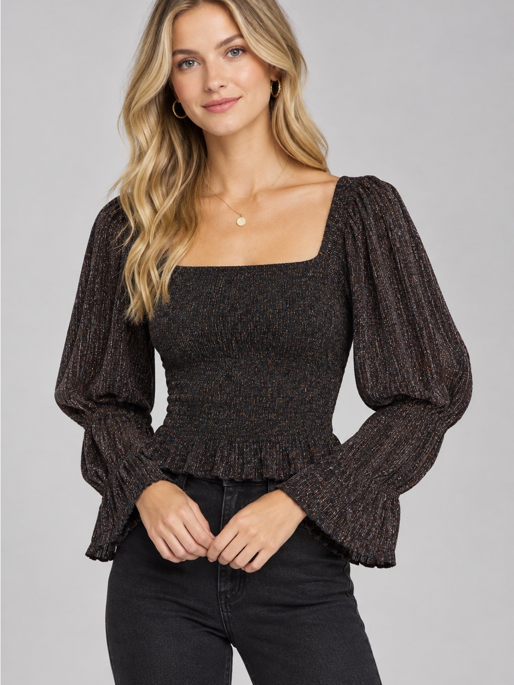 Anthropologie Brown Shimmer Smocked Puff Sleeve Top Women’s Medium Whimsigoth